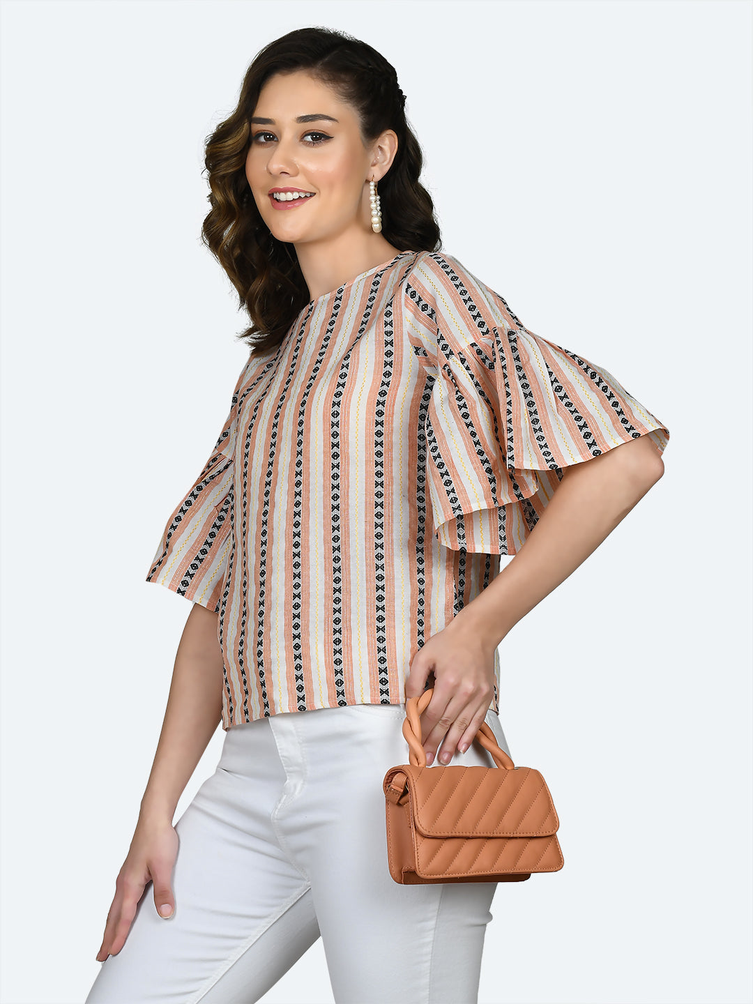 Multicolored Striped Flared Sleeve Top For Women