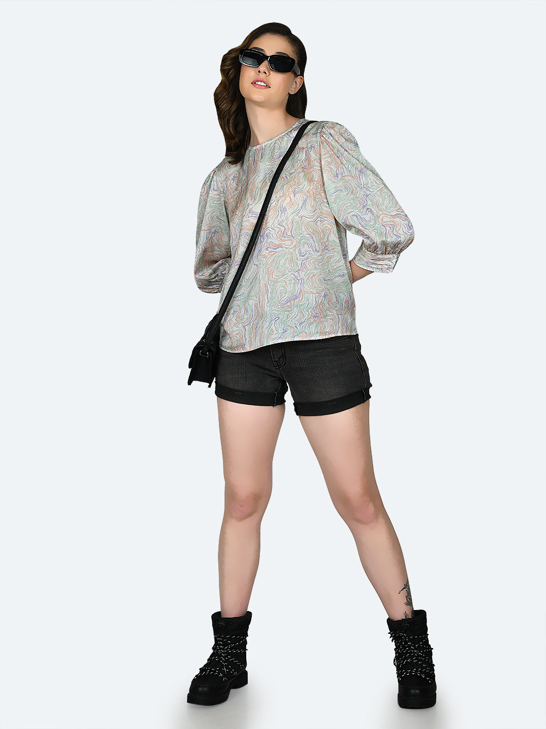 Off White Printed Ruched Top For Women