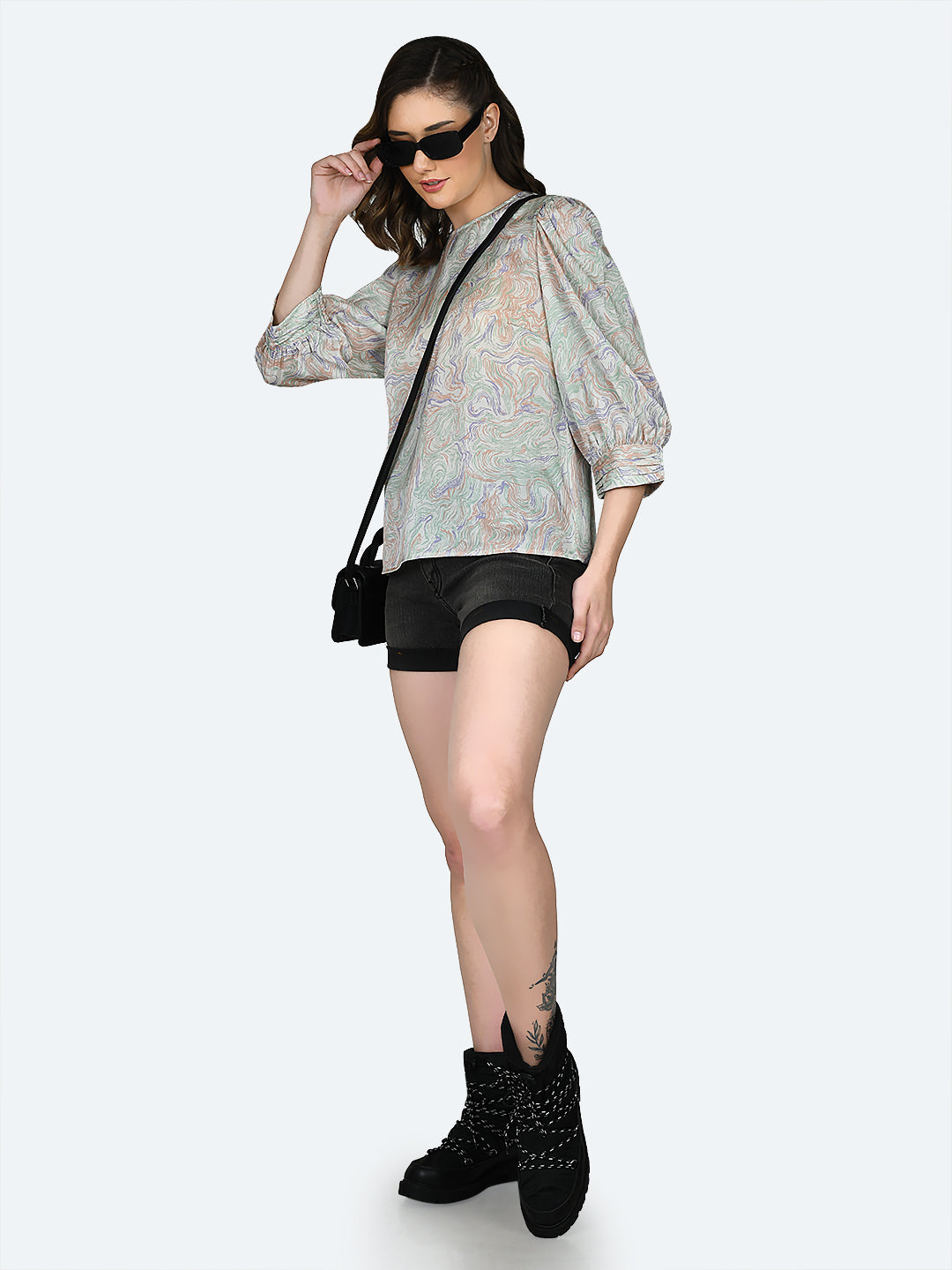 Off White Printed Ruched Top For Women