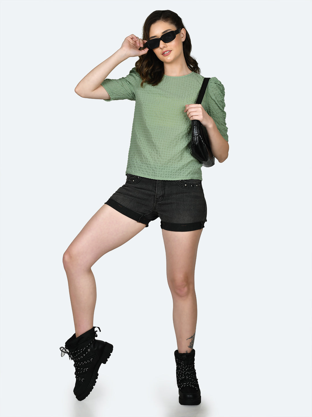 Green Solid Ruched Top