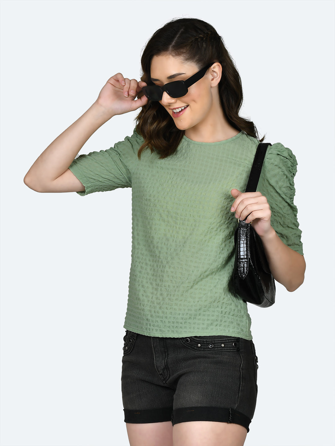 Green Solid Ruched Top