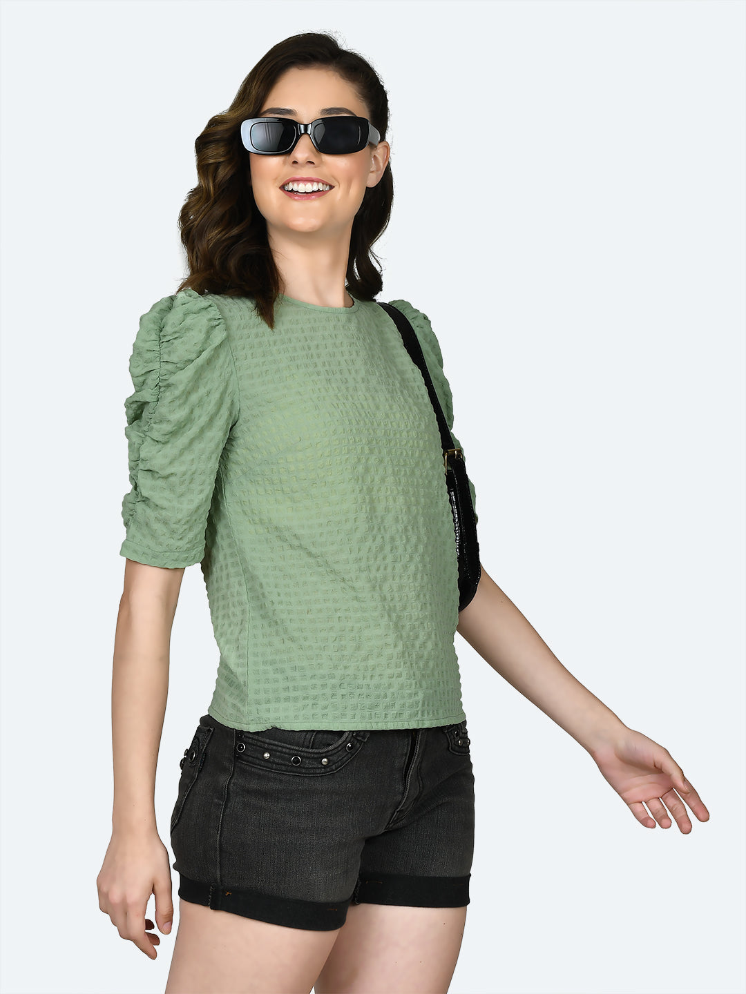 Green Solid Ruched Top