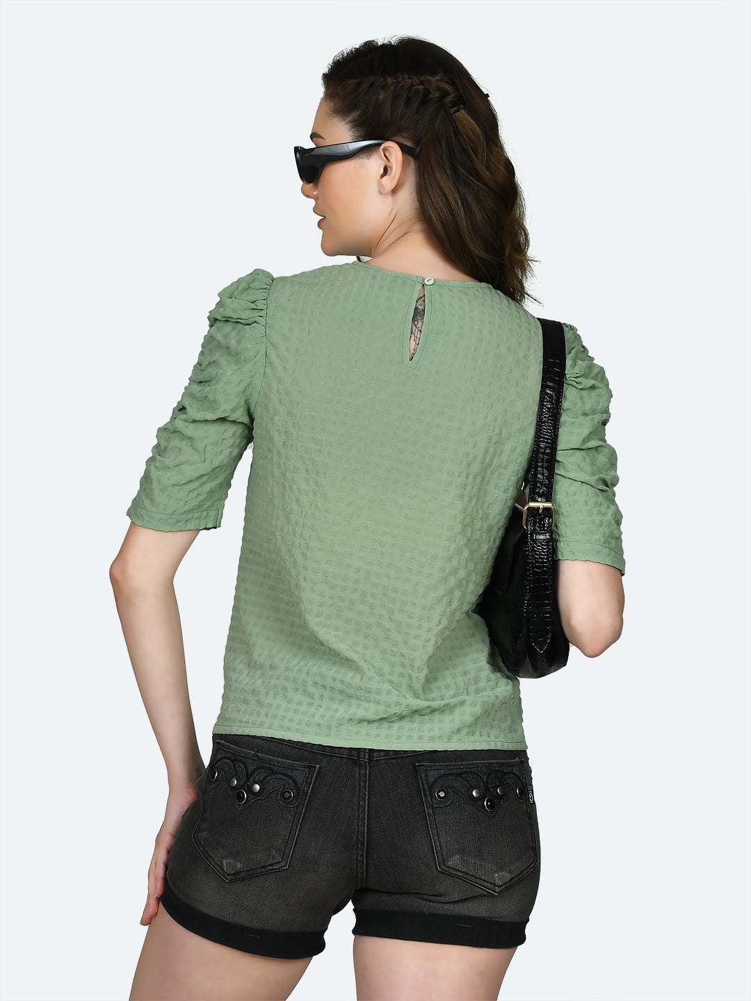 Green Solid Ruched Top