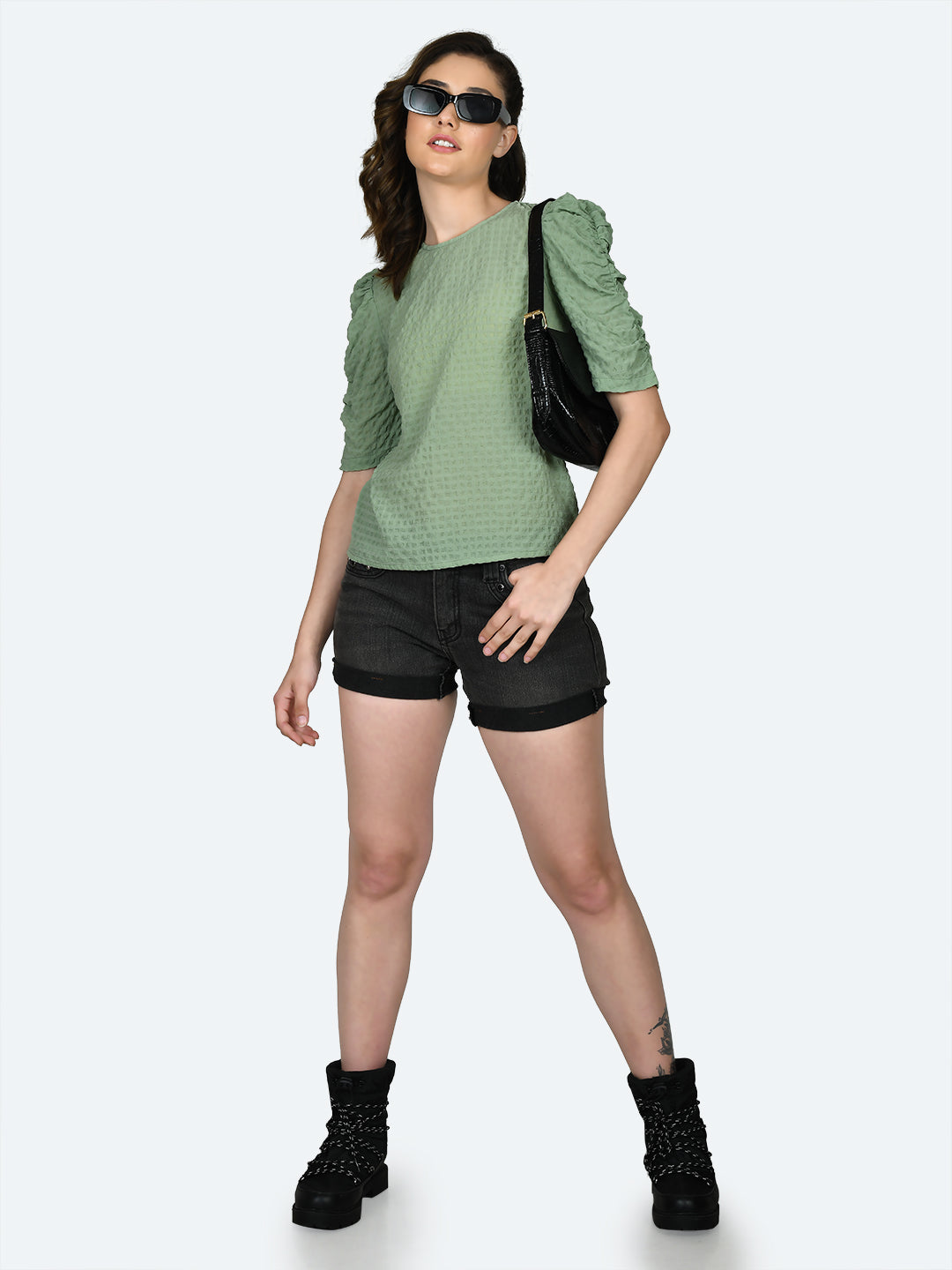 Green Solid Ruched Top