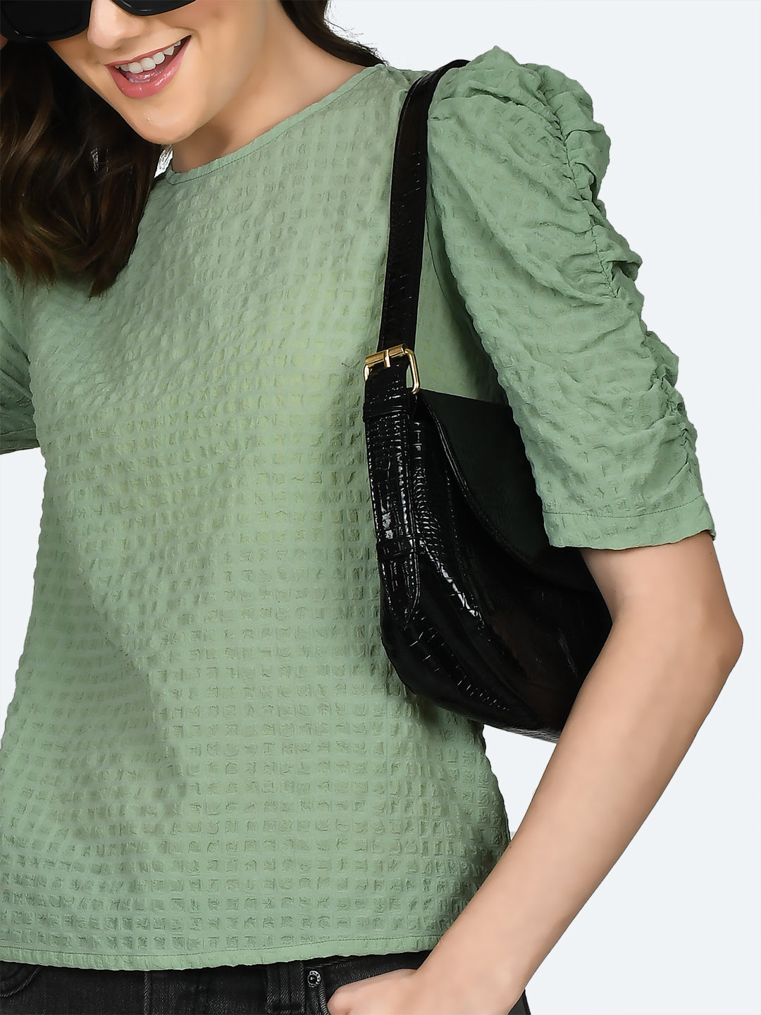 Green Solid Ruched Top