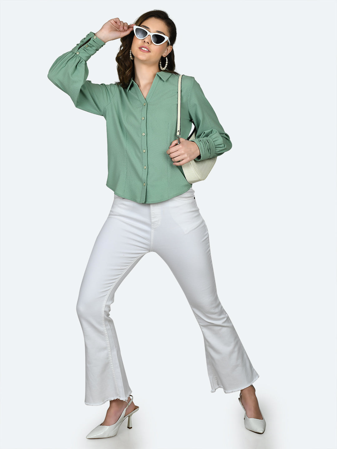 Green Solid Ruched Top For Women