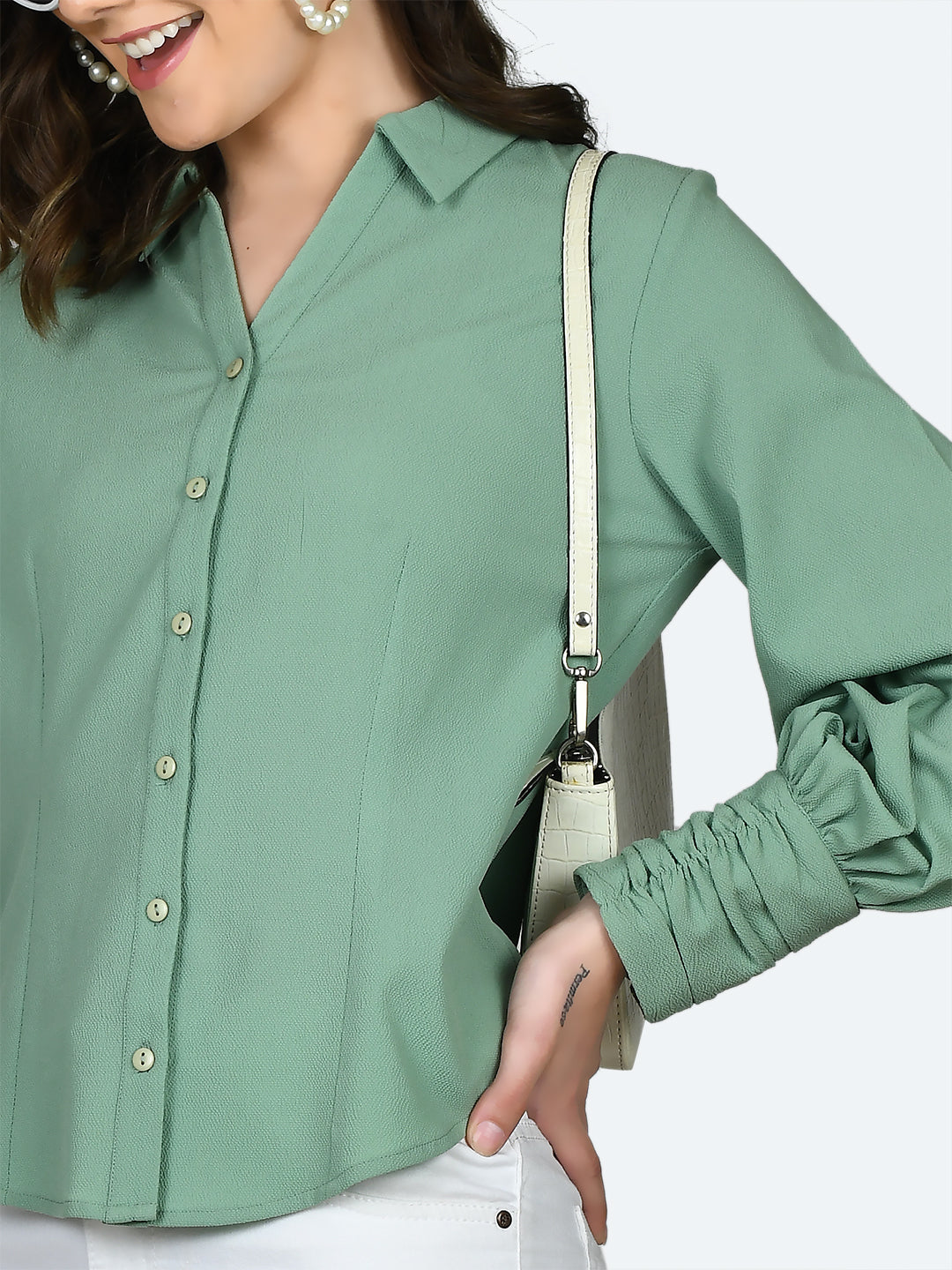 Green Solid Ruched Top For Women