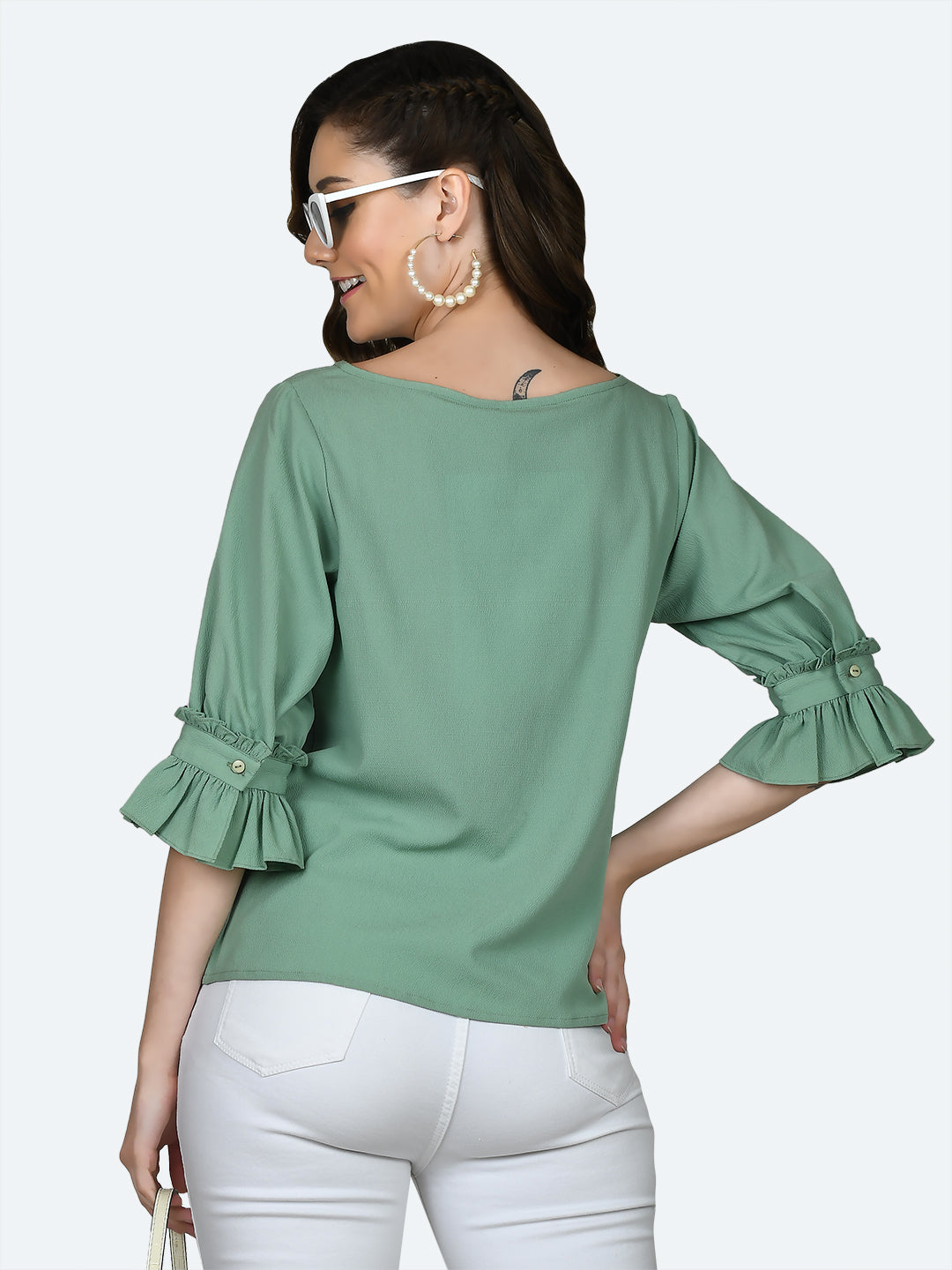 Green Solid Ruffled Top