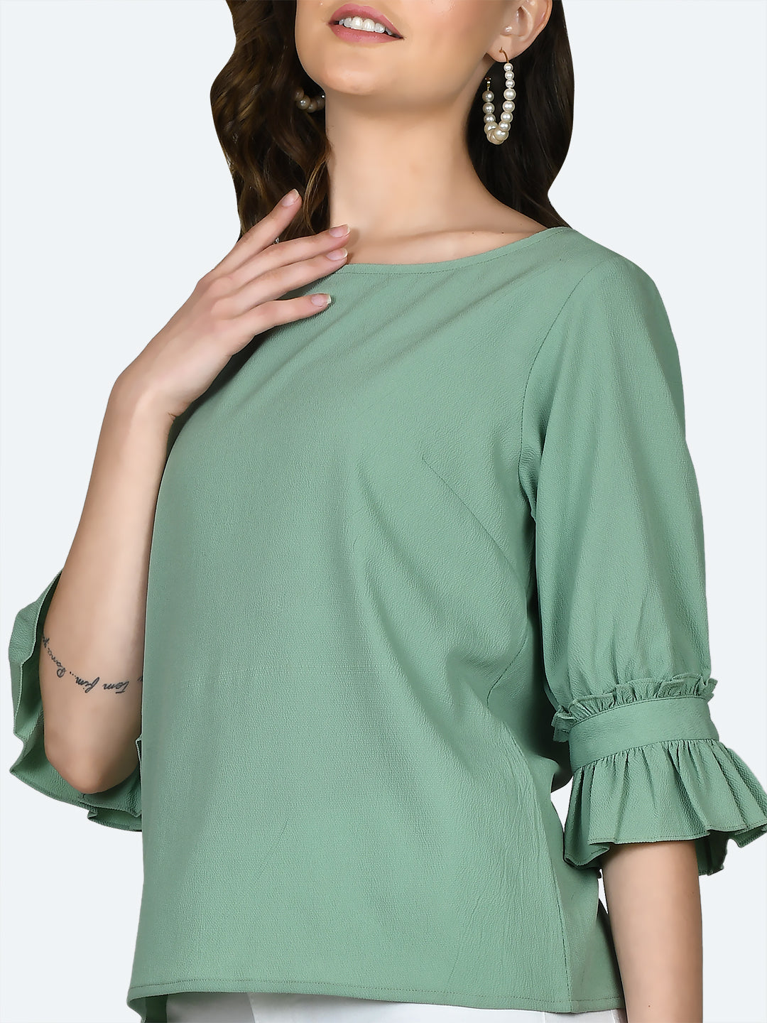 Green Solid Ruffled Top