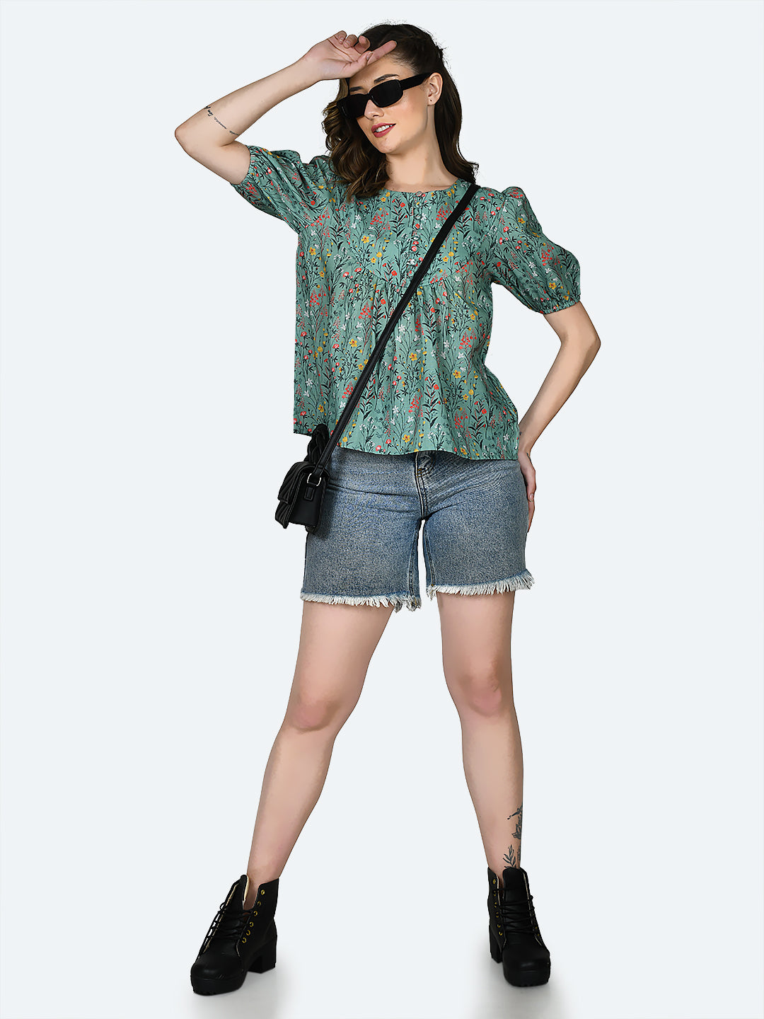 Green Printed Gathered Top