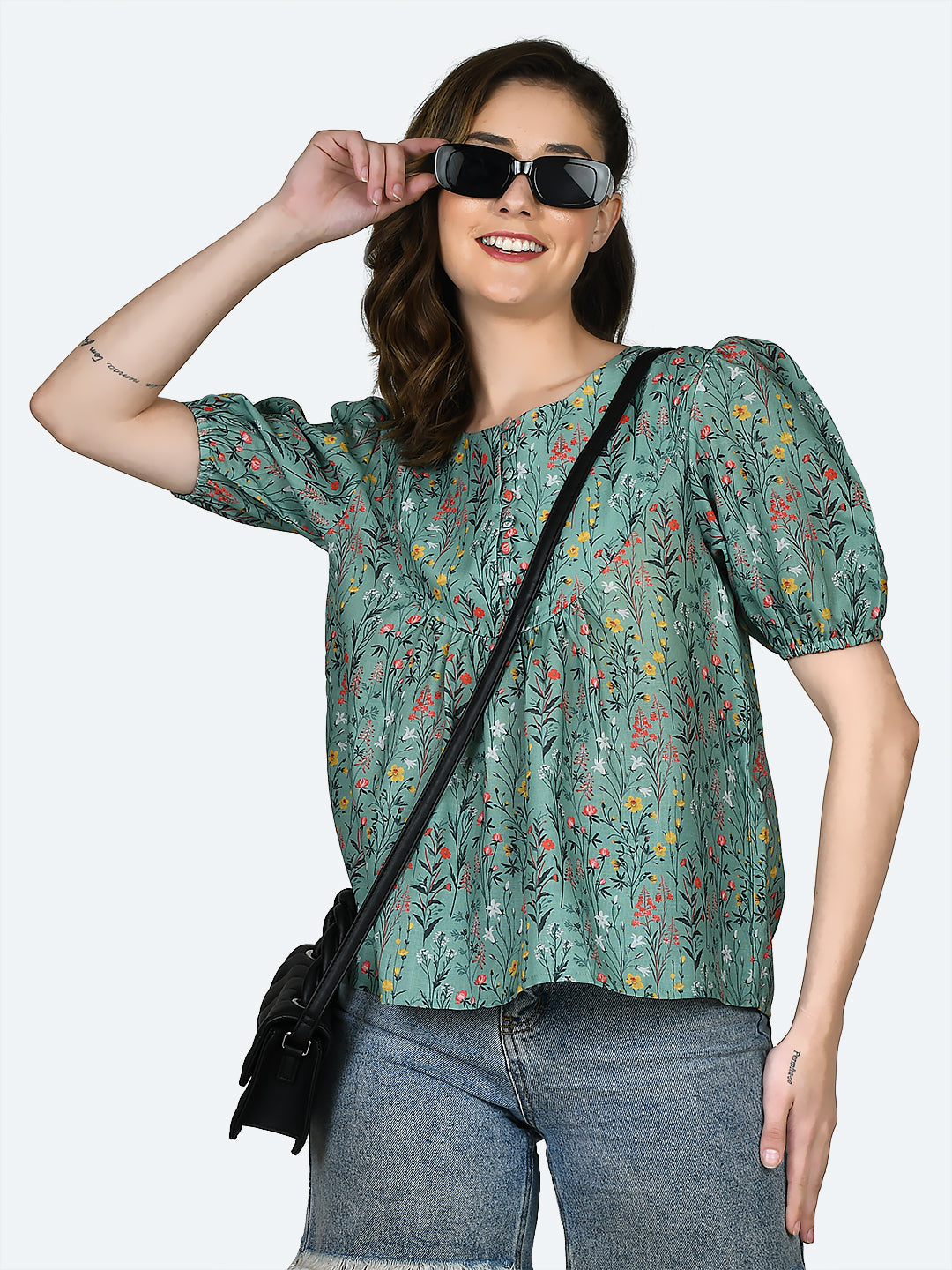 Green Printed Gathered Top