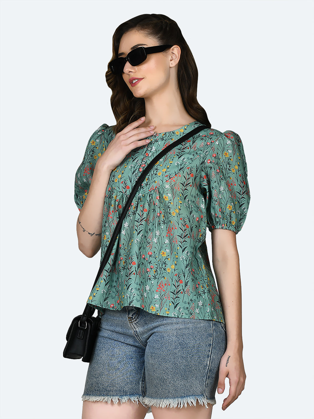 Green Printed Gathered Top