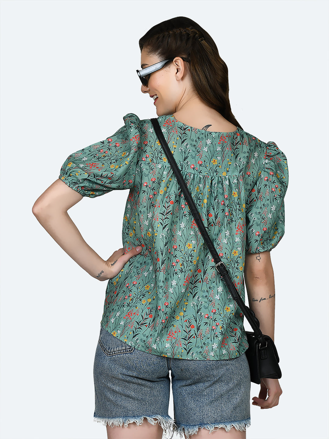 Green Printed Gathered Top