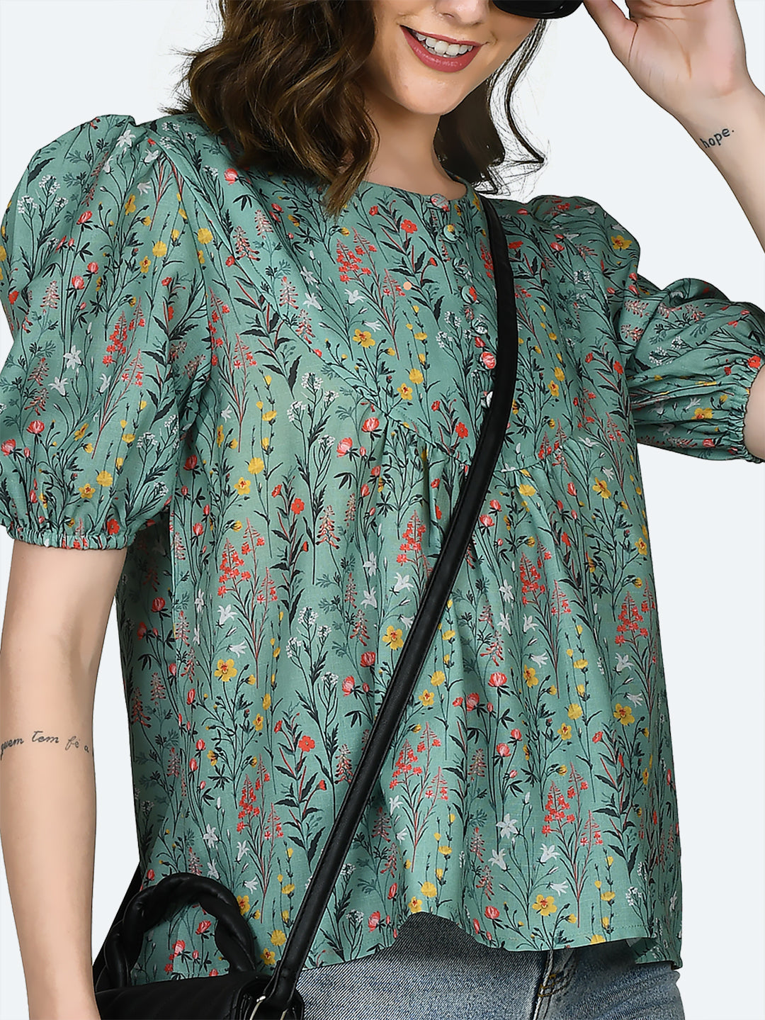 Green Printed Gathered Top