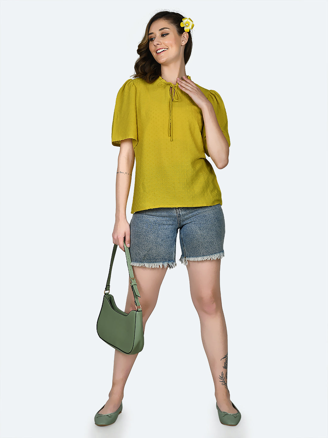 Yellow Self Design Frill Top