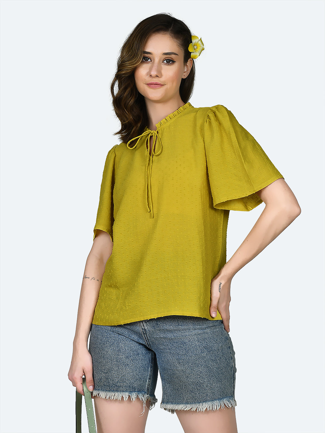 Yellow Self Design Frill Top