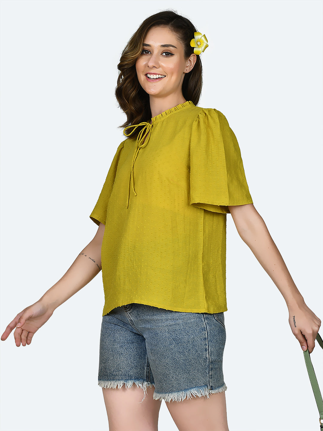 Yellow Self Design Frill Top