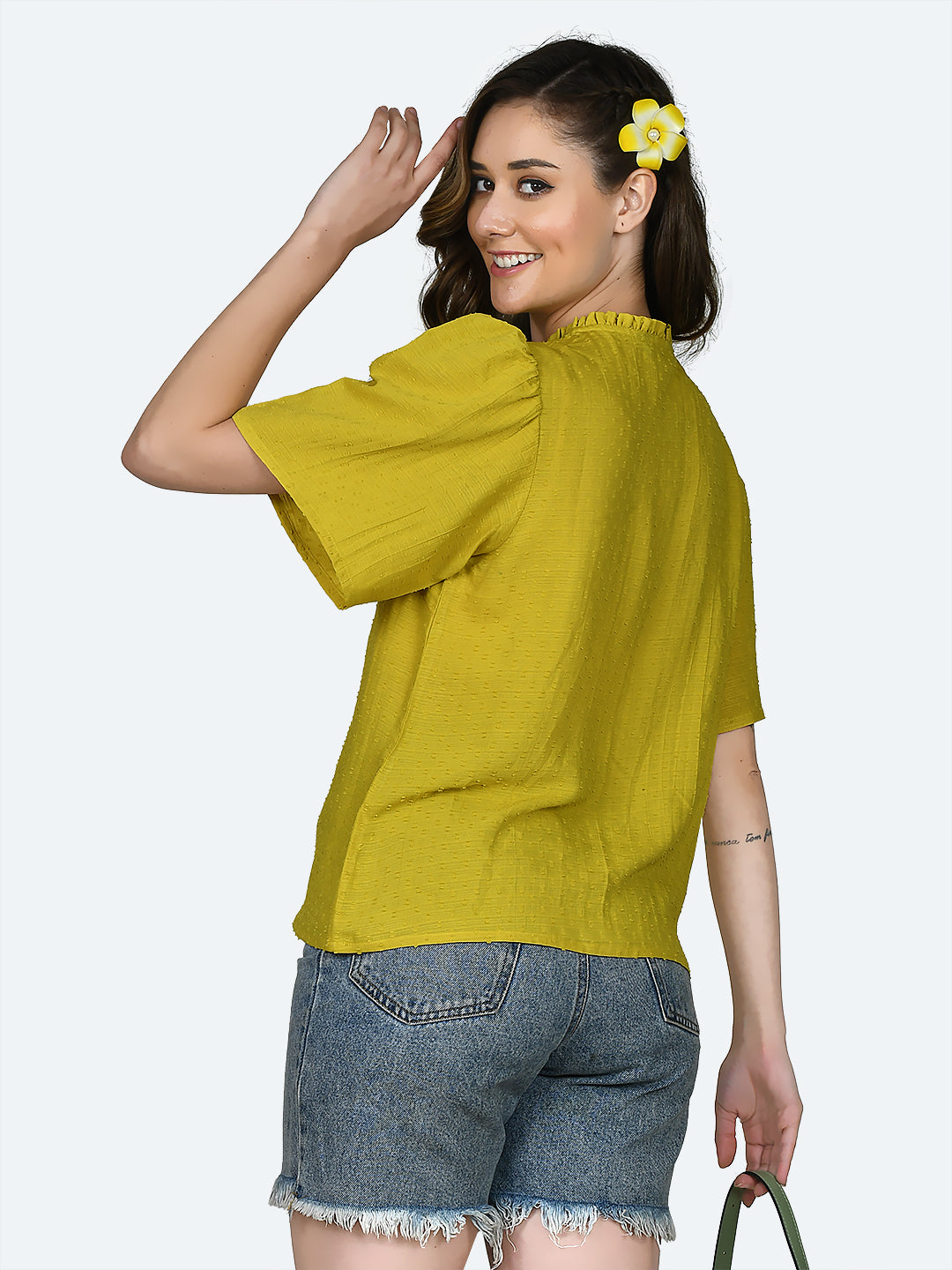 Yellow Self Design Frill Top For Women