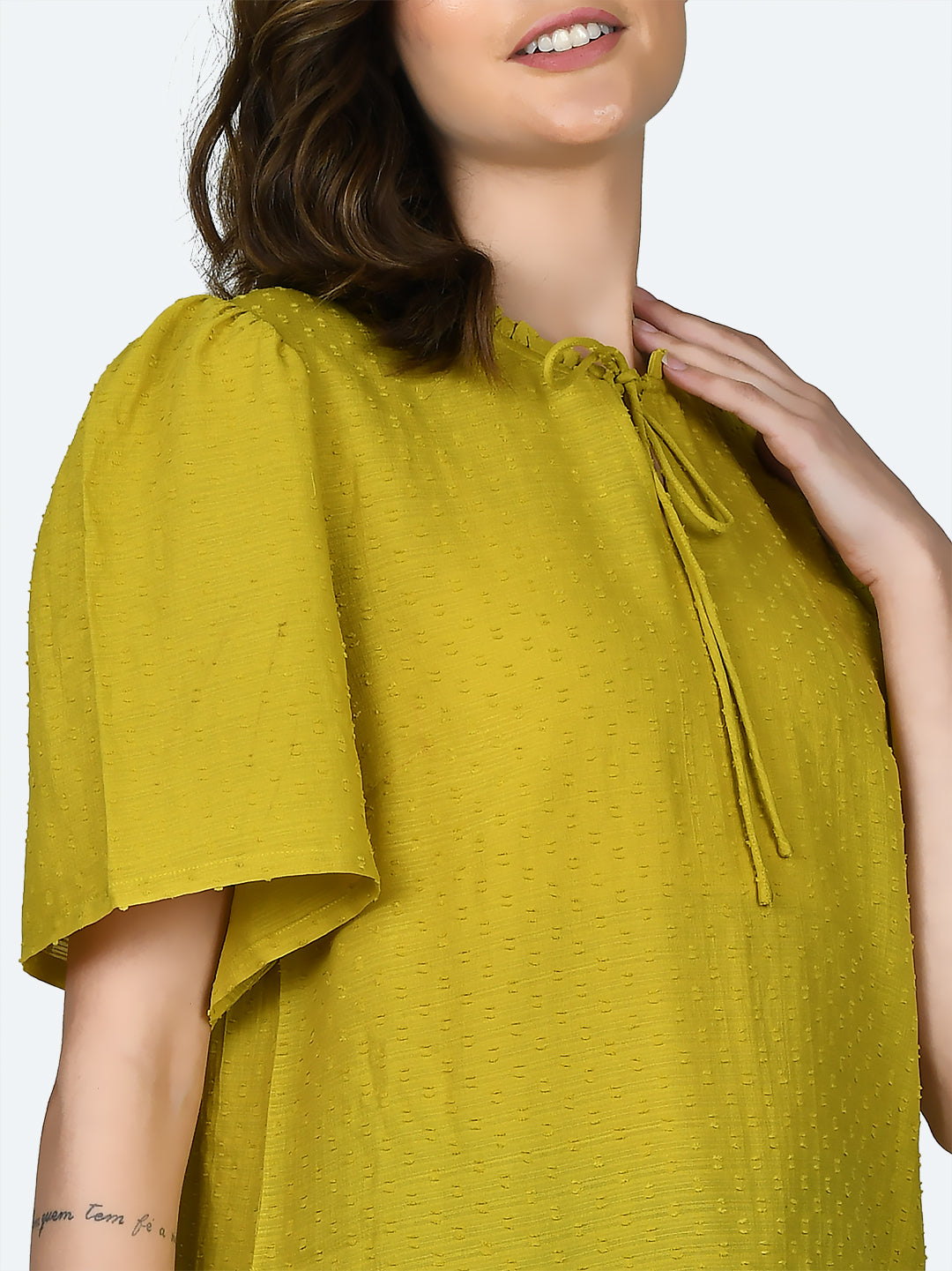 Yellow Self Design Frill Top For Women
