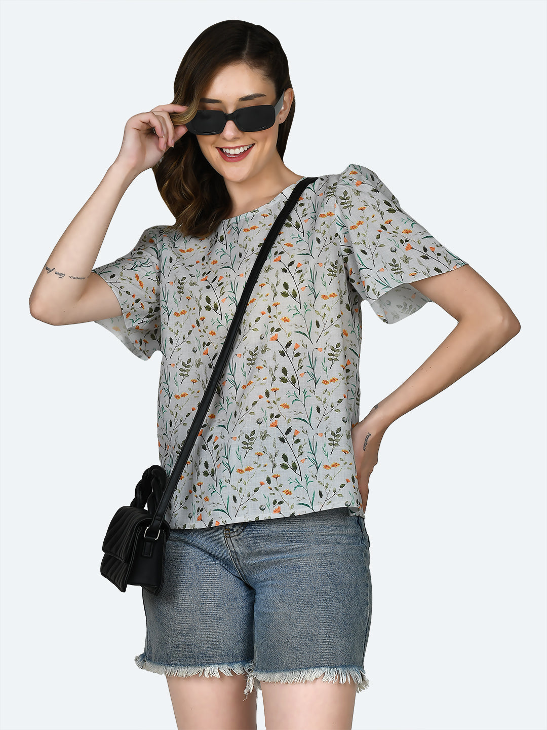 White Printed Puff Sleeve Top For Women