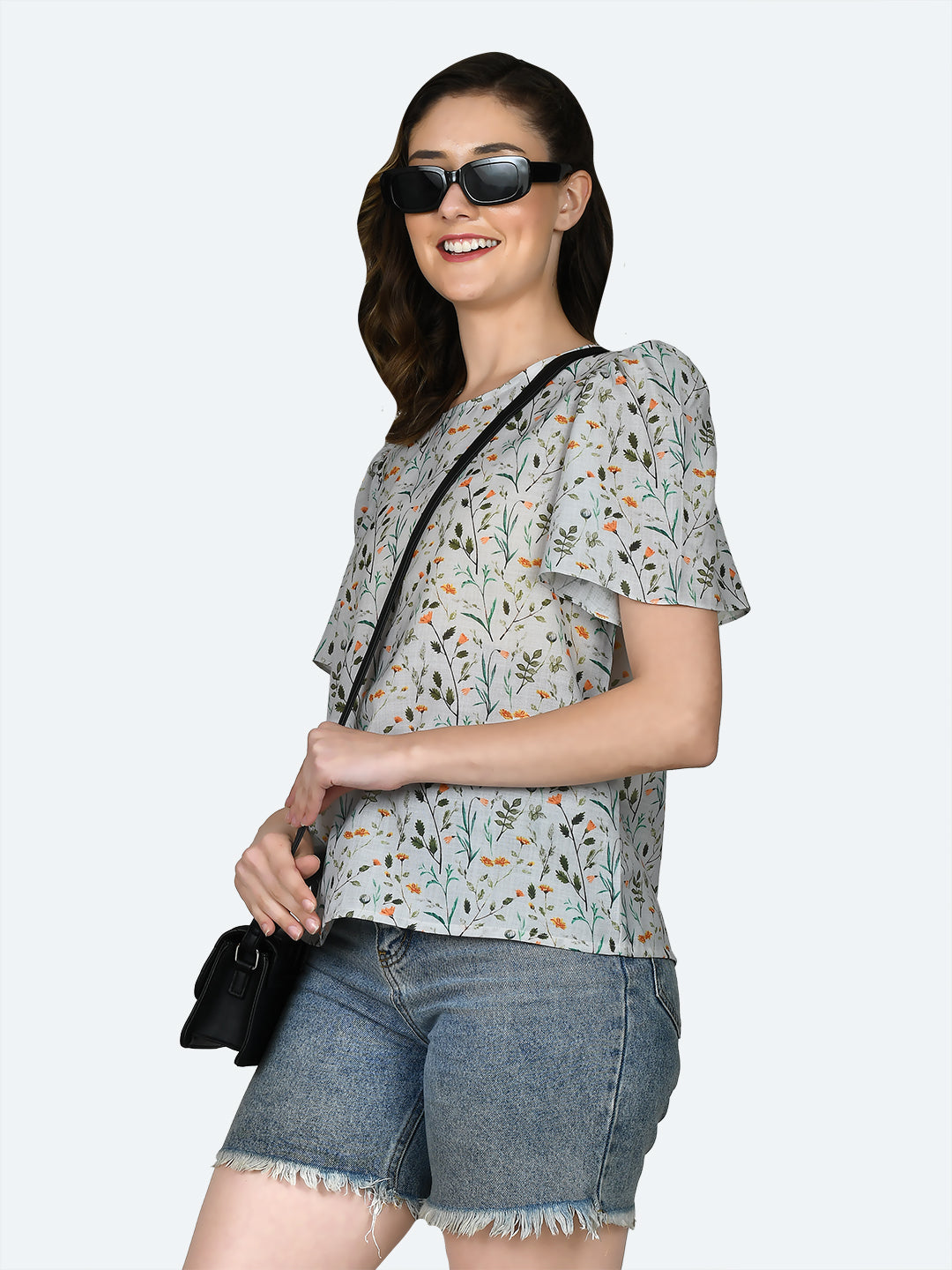 White Printed Puff Sleeve Top For Women