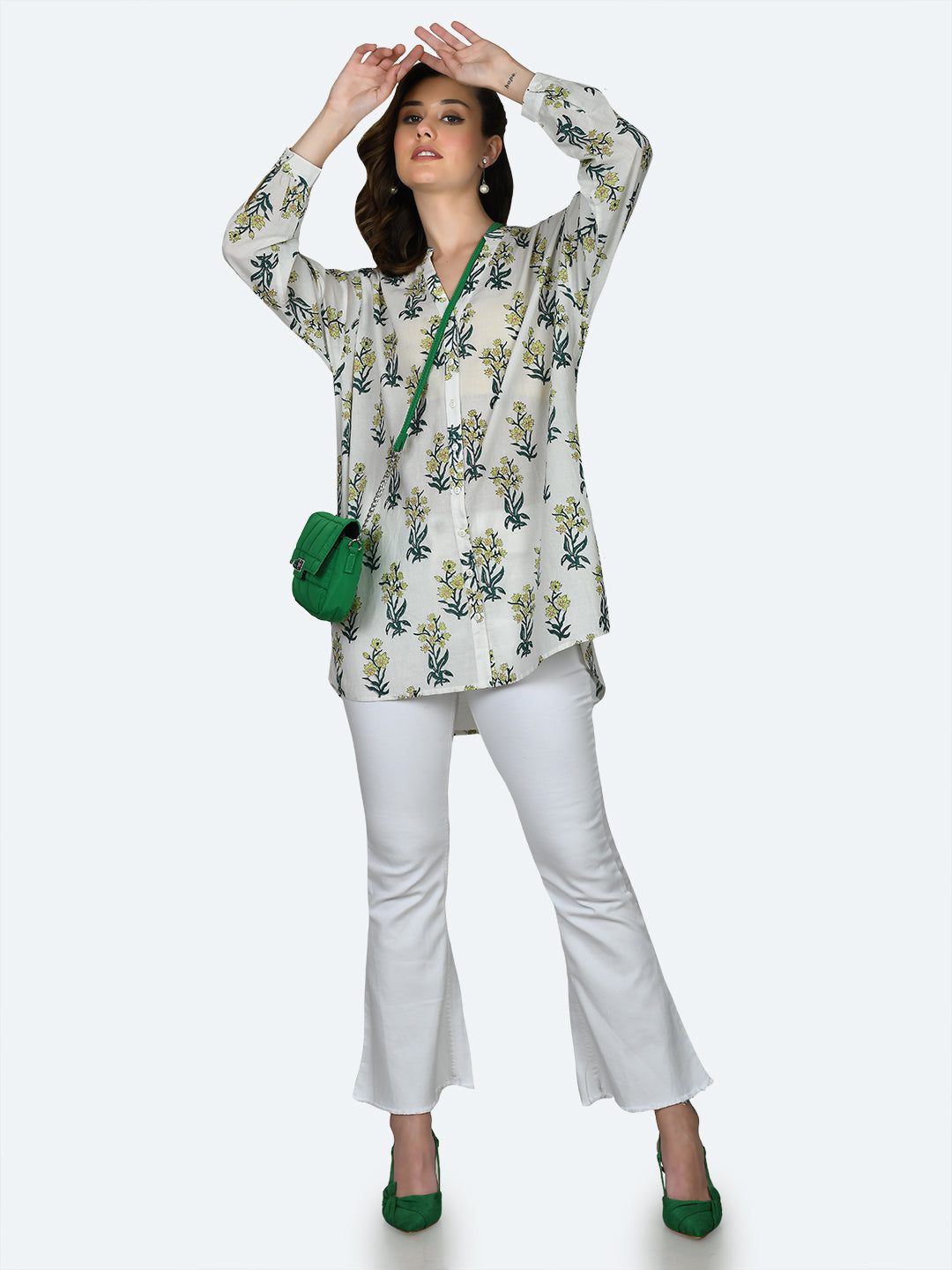 White Tropical Print Top For Women