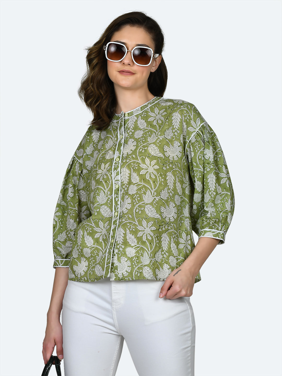 Green Tropical Print Top