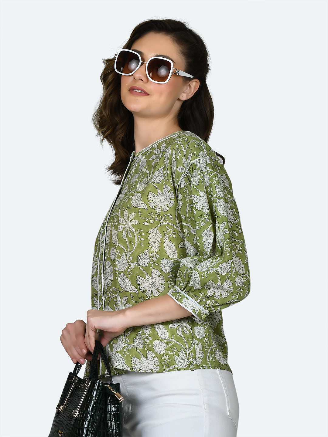 Green Tropical Print Top