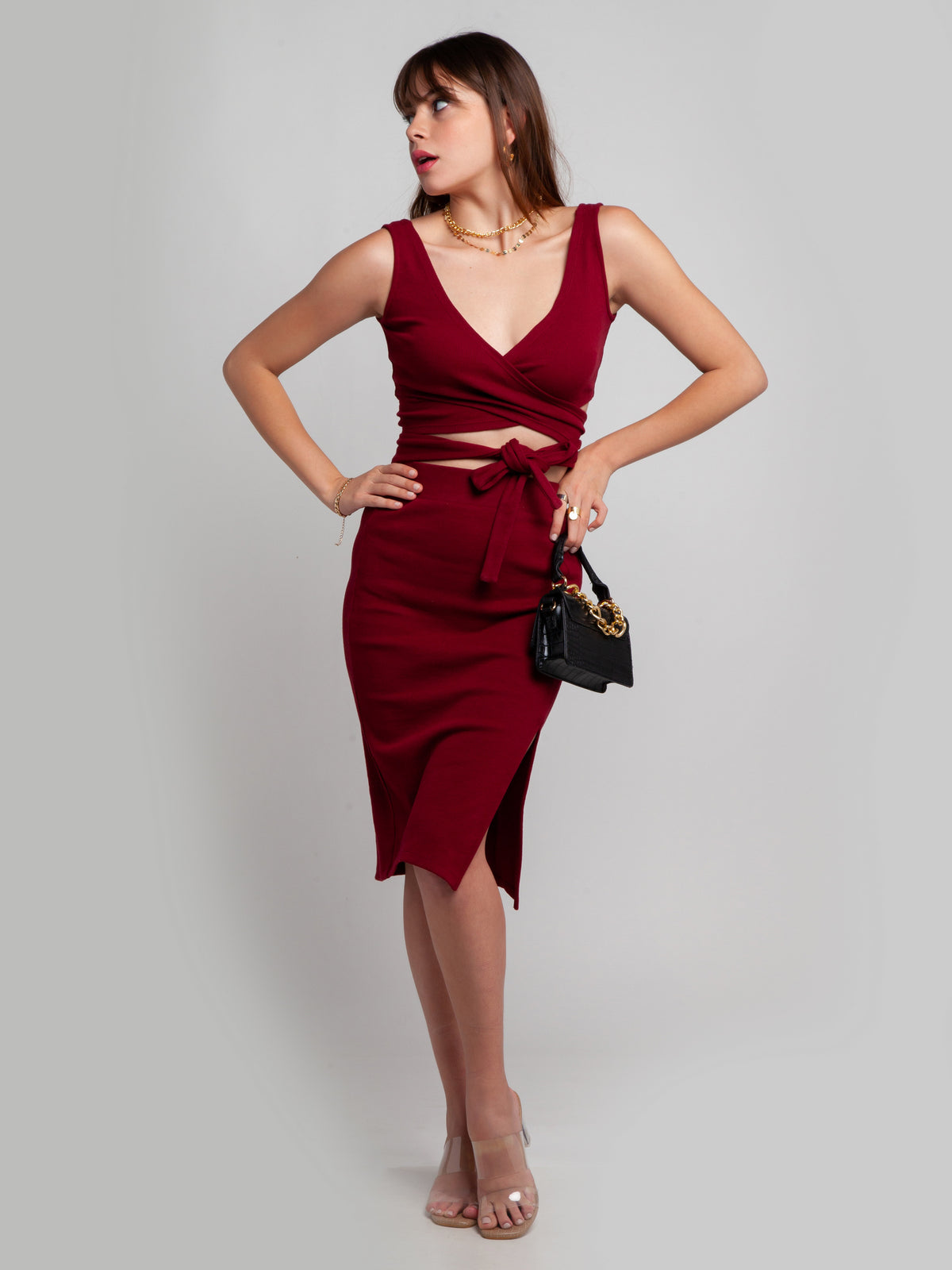 Maroon Solid Wrap Co-ord Set For Women