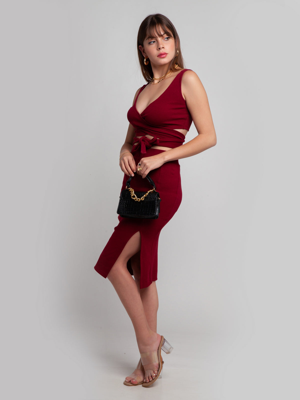 Maroon Solid Wrap Co-ord Set For Women