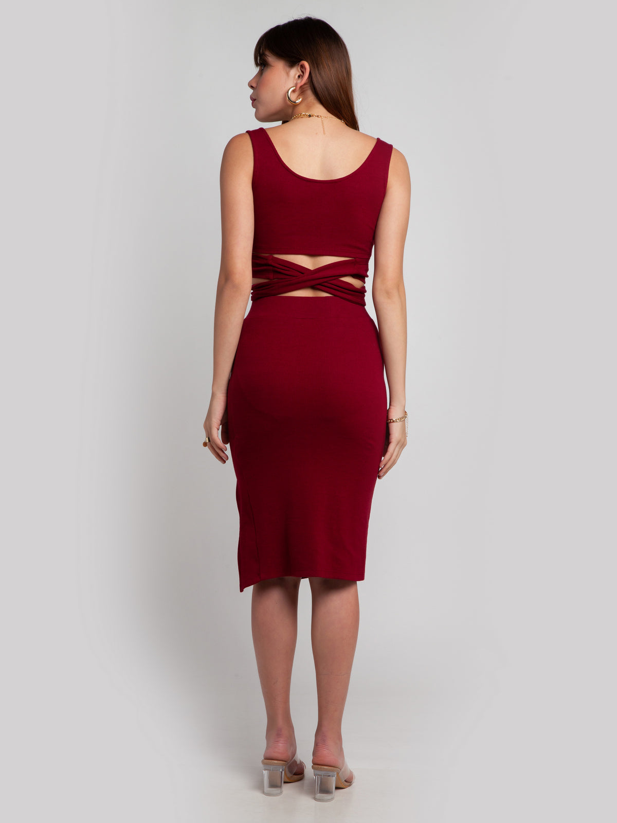 Maroon Solid Wrap Co-ord Set For Women