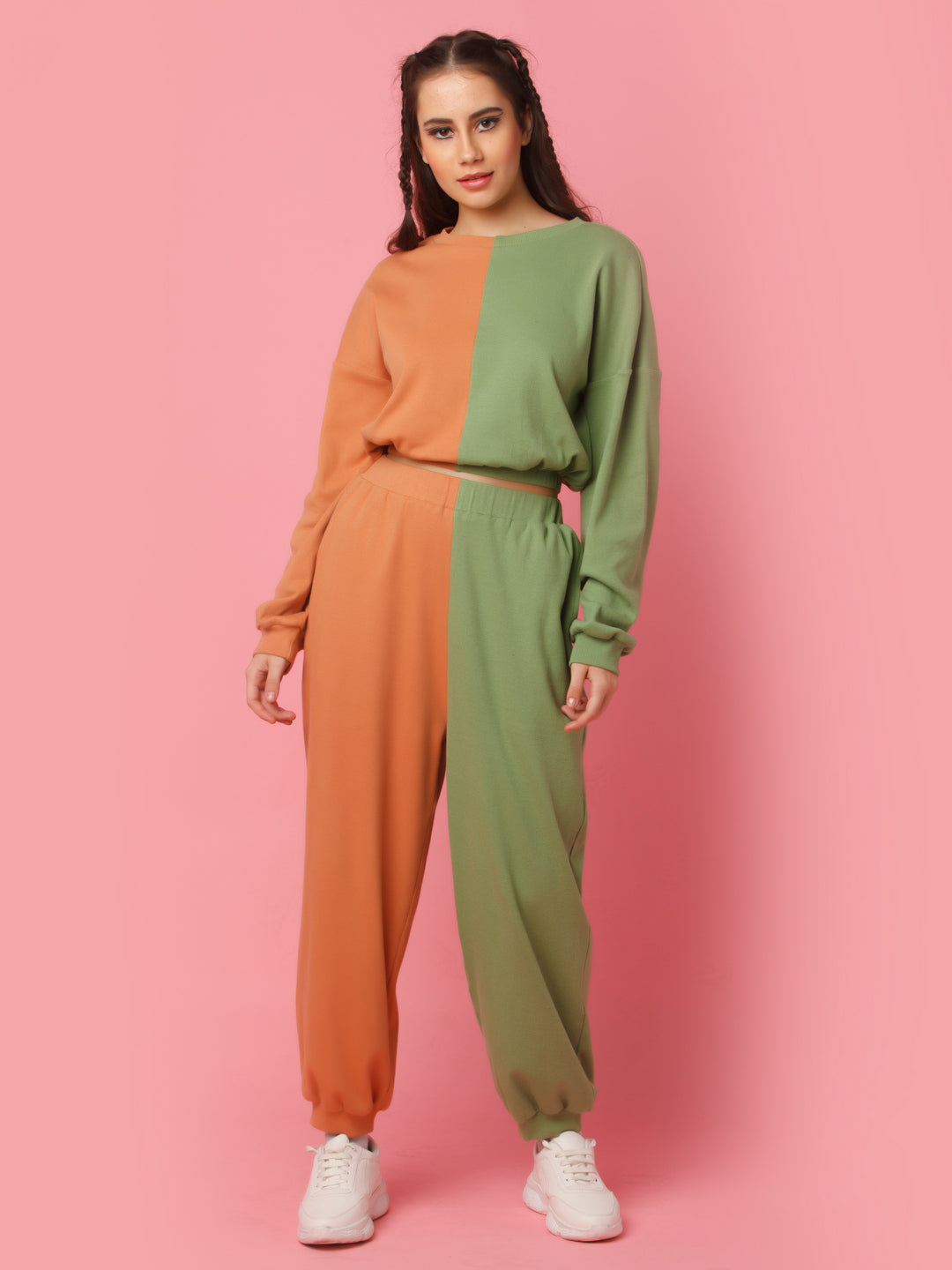 Green Solid Elasticated Co-ord Set For Women
