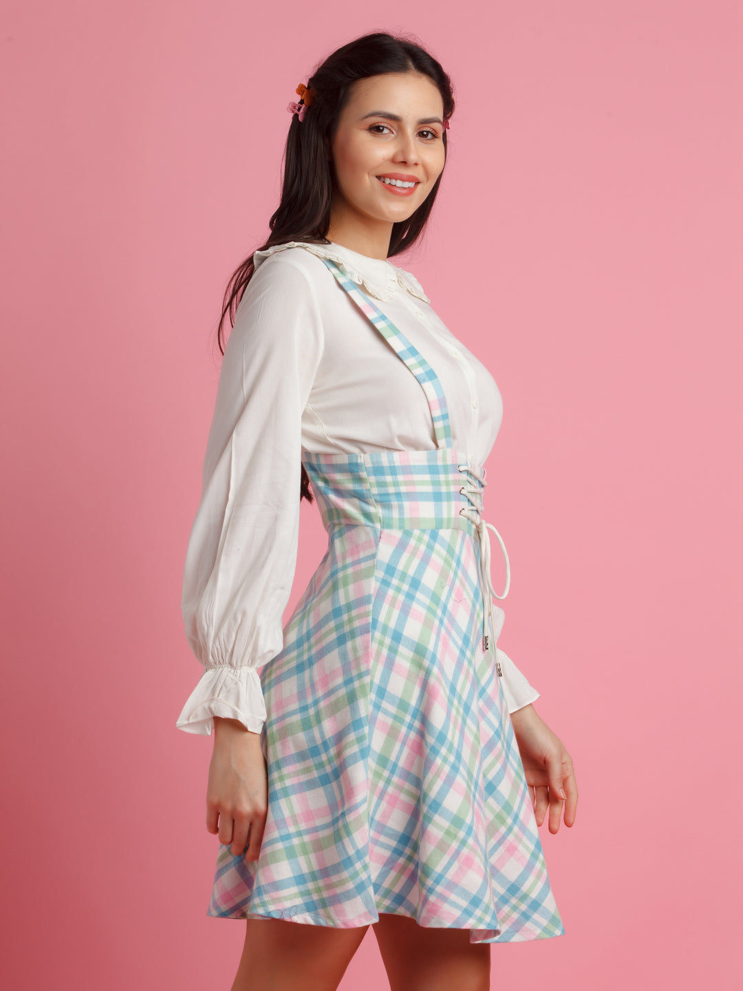 White & Blue Checked Co-ord Set For Women