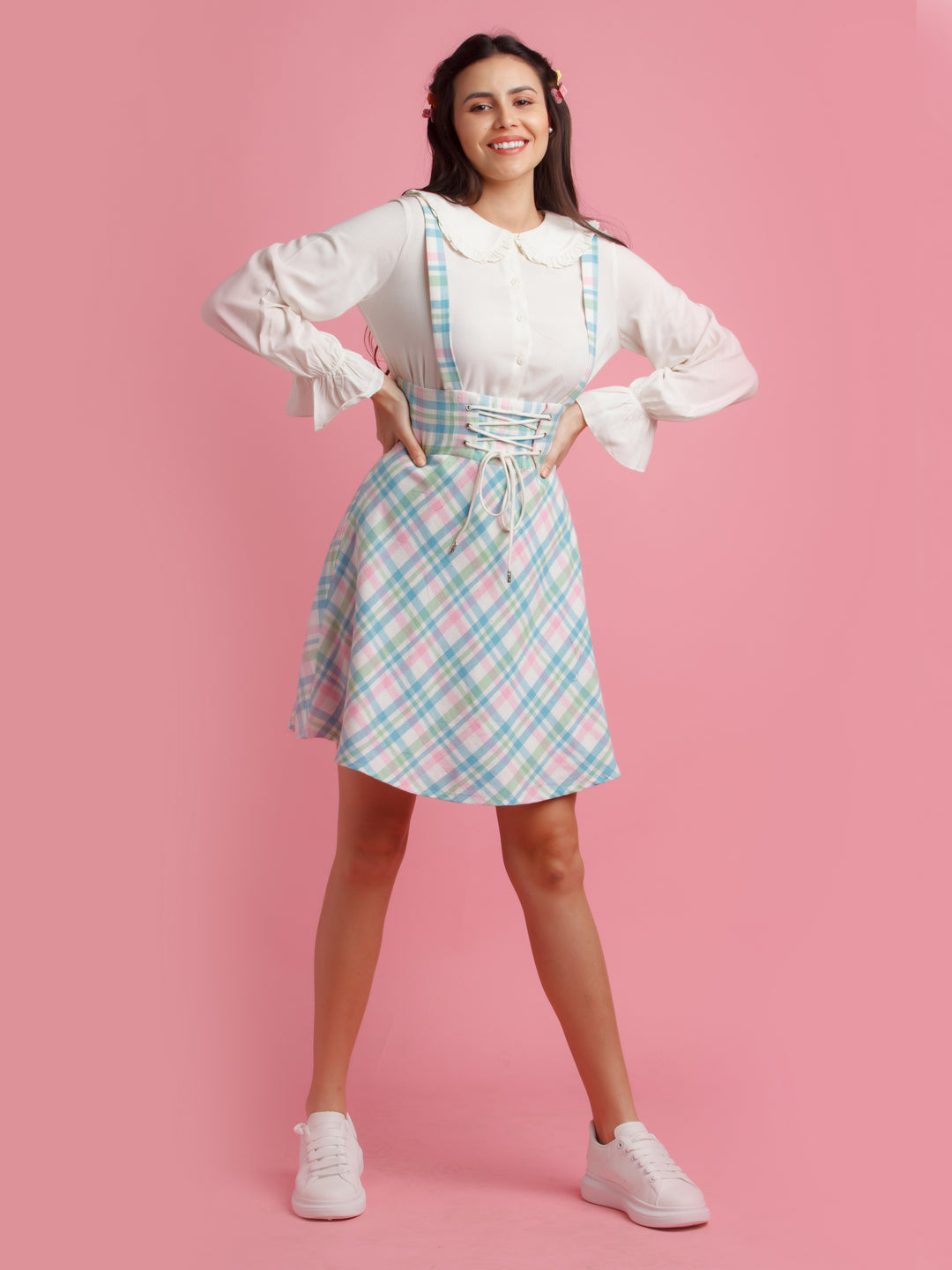 White & Blue Checked Co-ord Set For Women