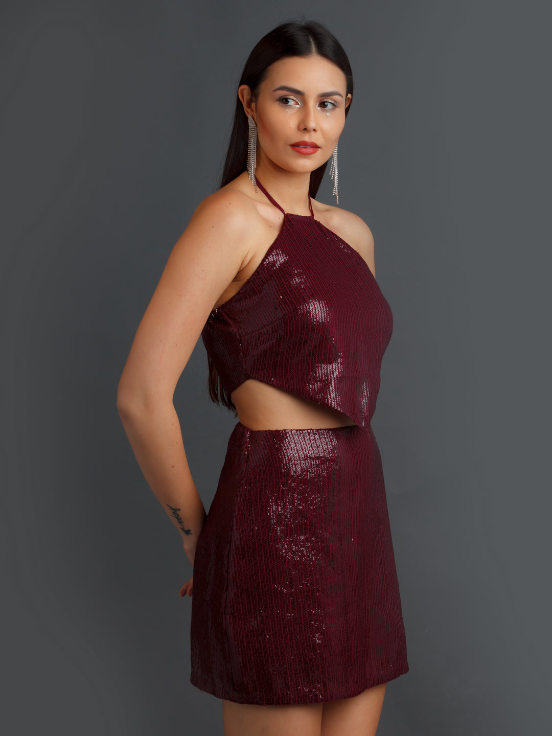 Maroon Embellished Fitted Co-ord Set For Women