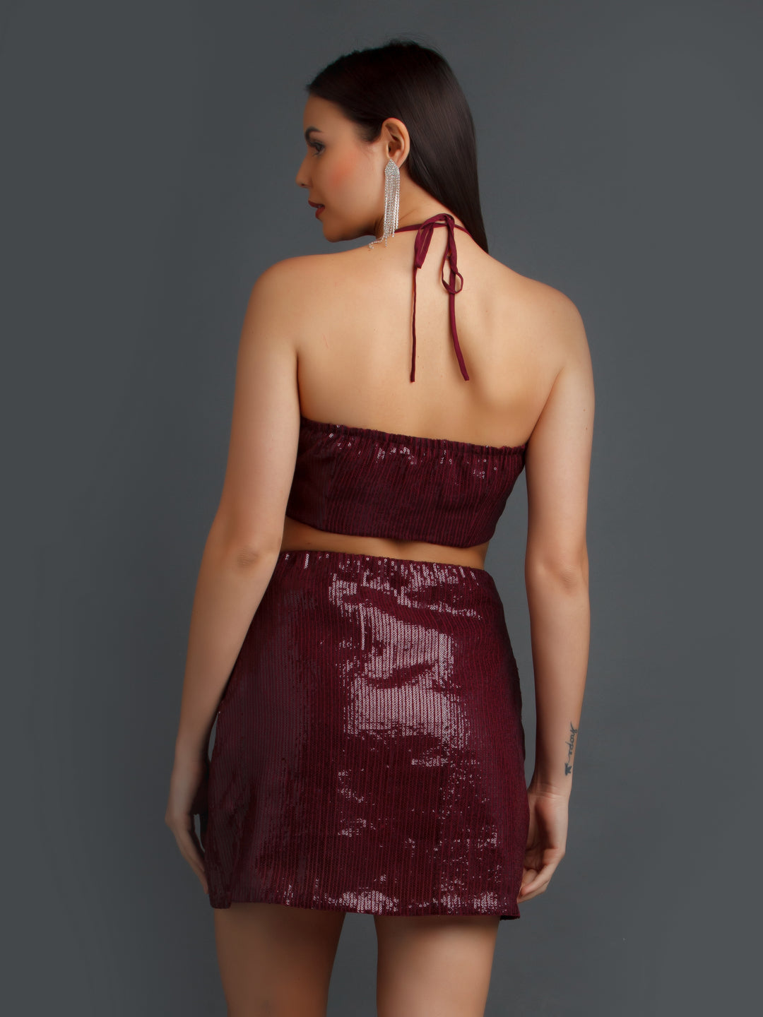 Maroon Embellished Fitted Co-ord Set For Women