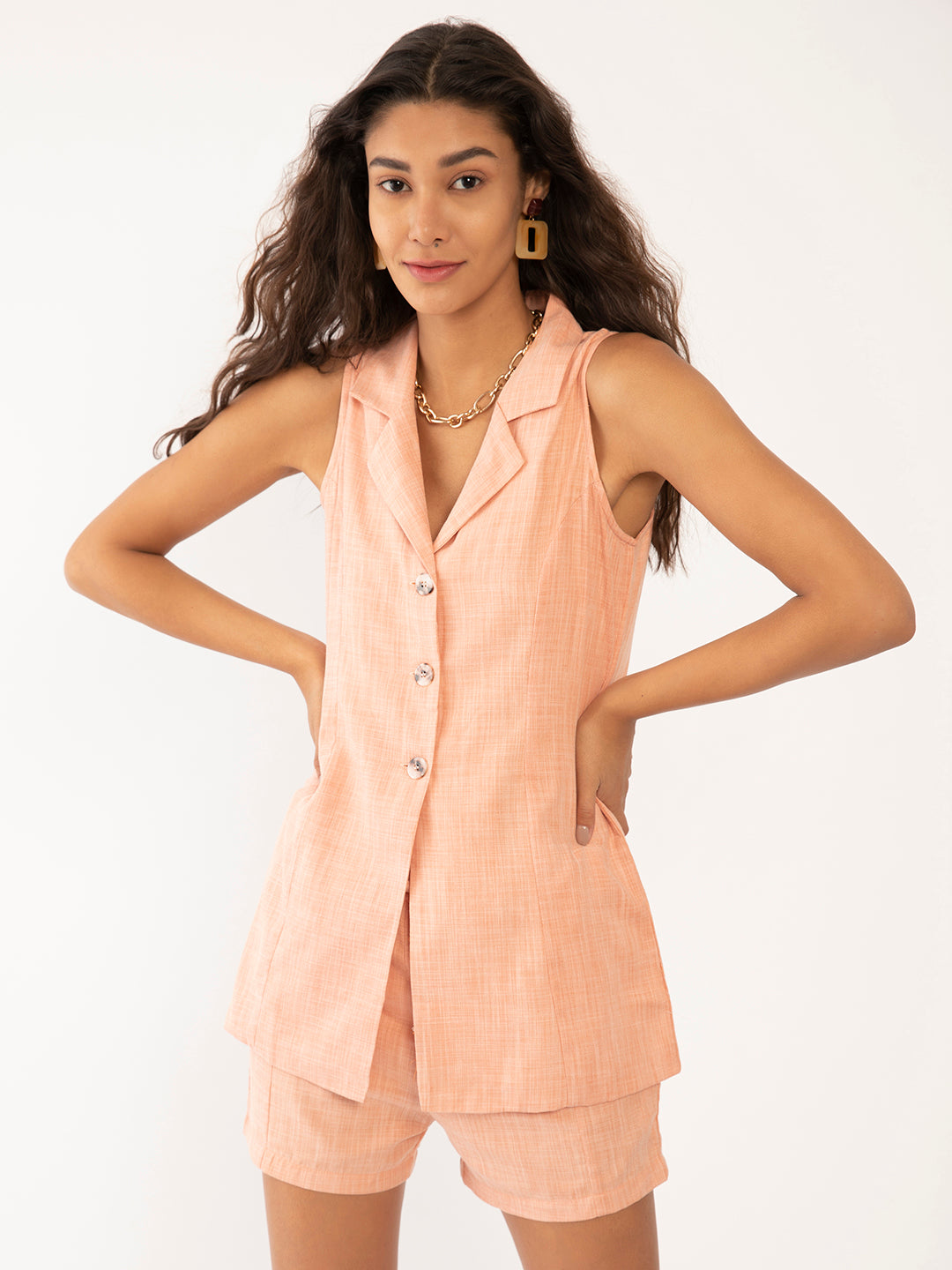 Peach Solid Sleeveless Co-Ord for Women