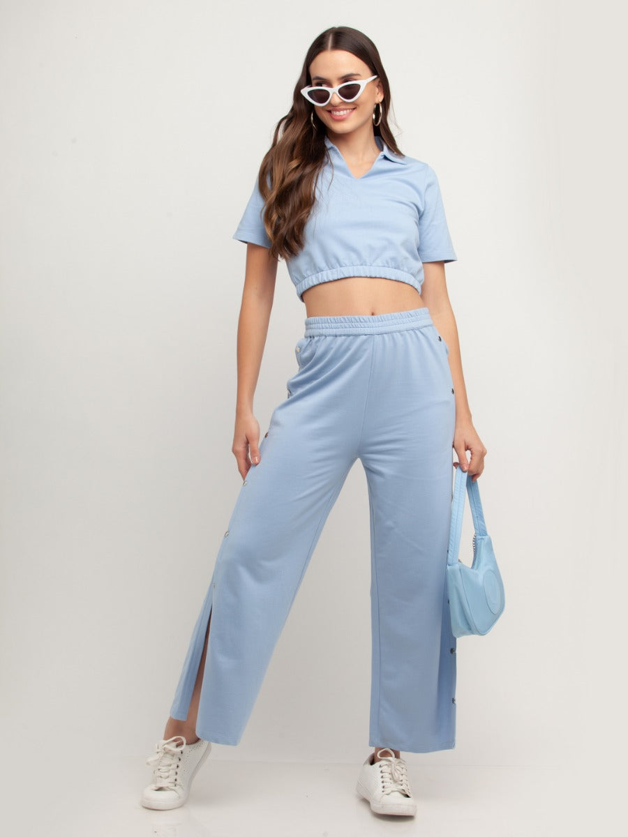 Blue Solid Short Sleeves Trouser