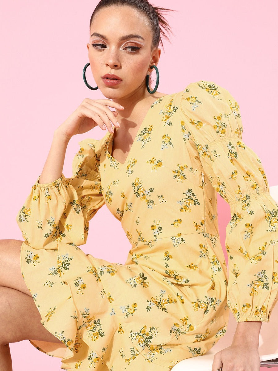 Yellow Floral Print Short Dress