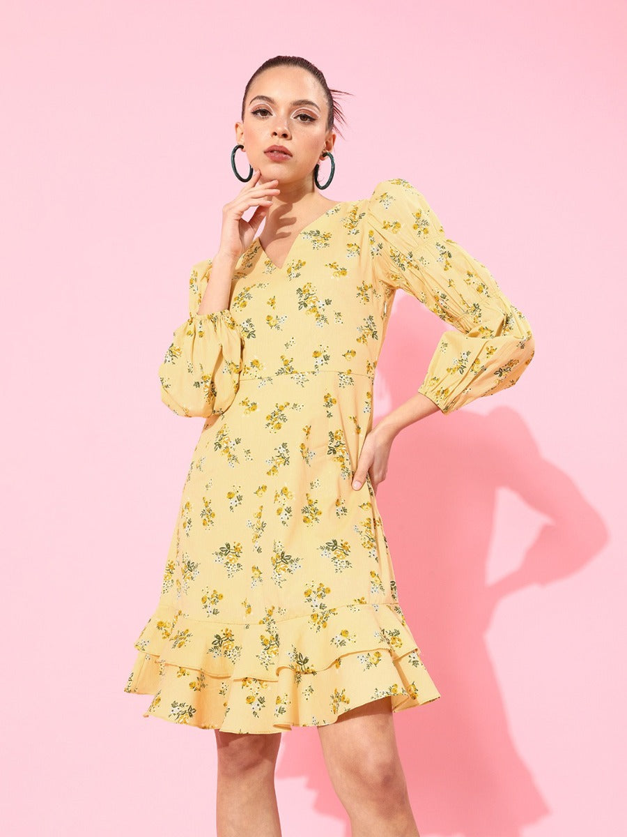 Yellow Floral Print Short Dress