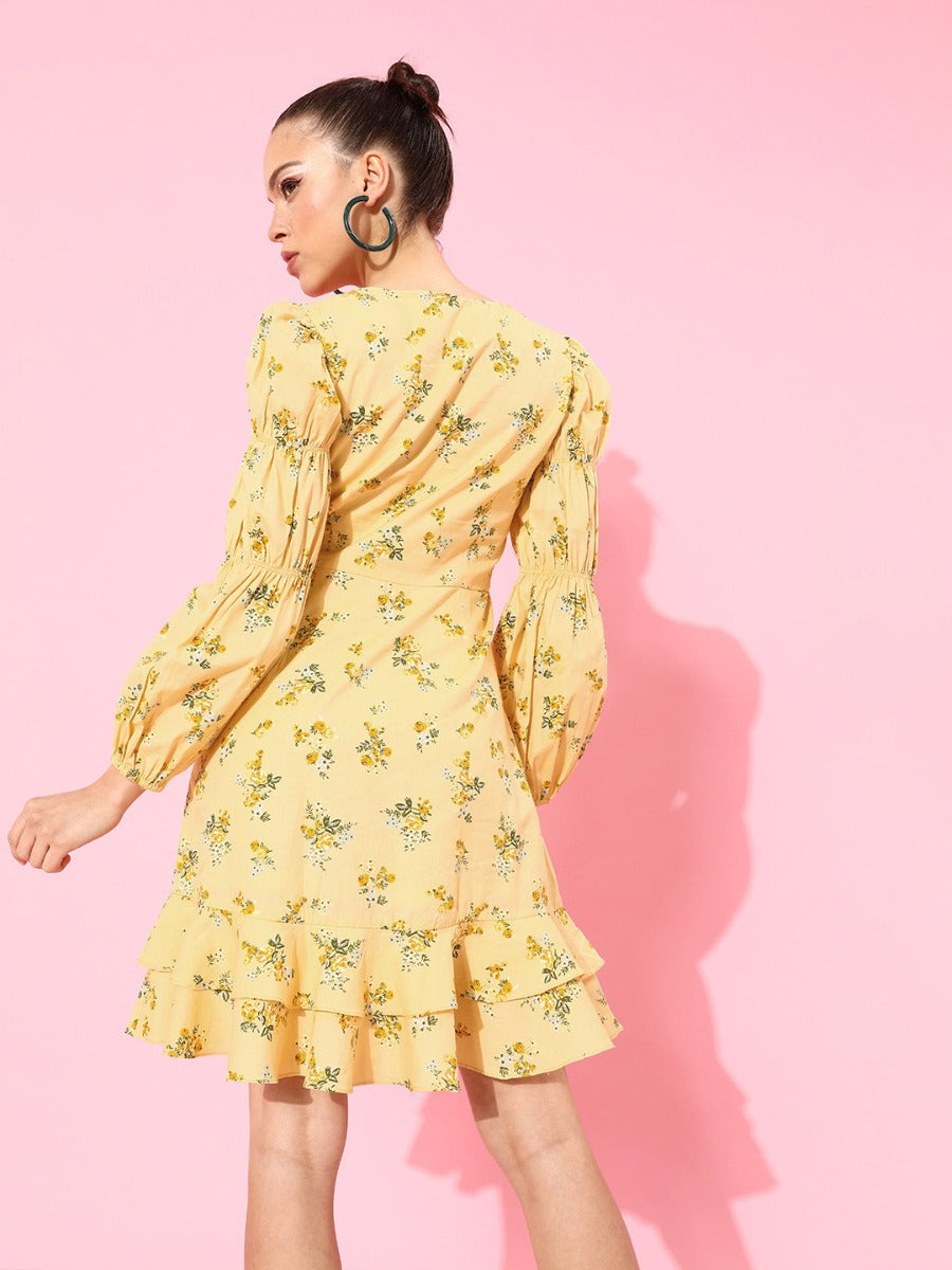 Yellow Floral Print Short Dress