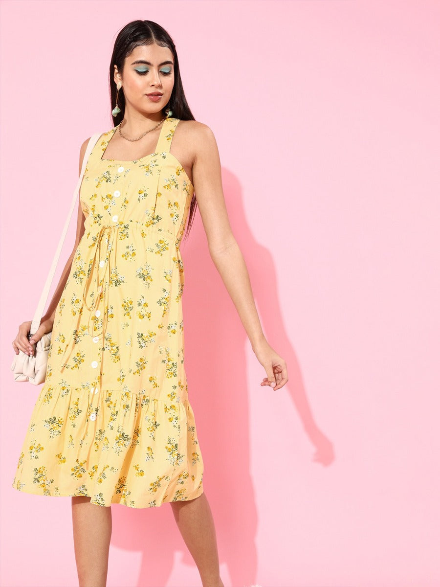 Yellow Floral Print Midi Dress