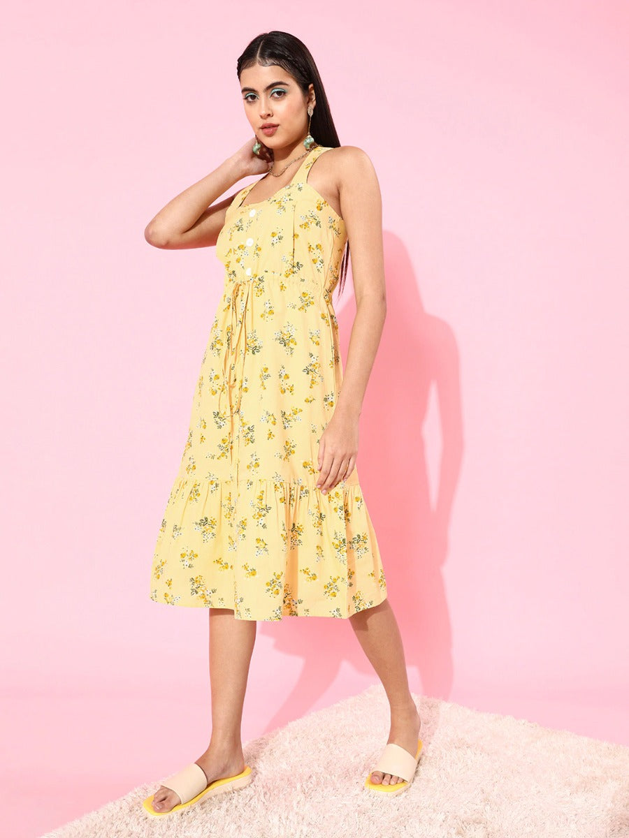 Yellow Floral Print Midi Dress