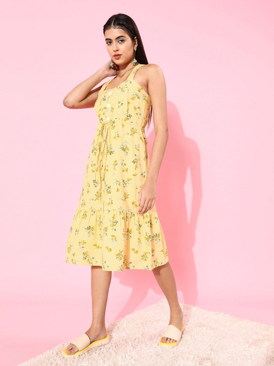 Yellow Floral Print Midi Dress For Women