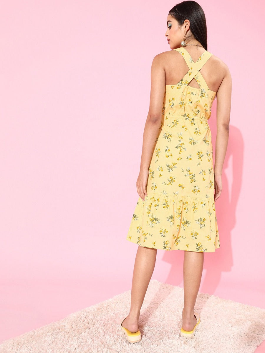 Yellow Floral Print Midi Dress