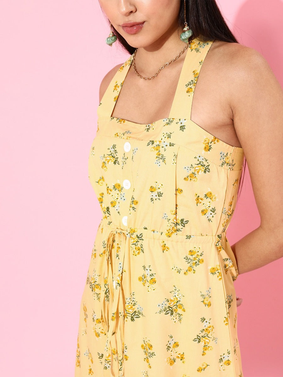 Yellow Floral Print Midi Dress